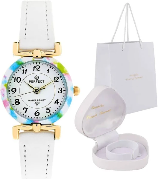 PERFECT Zestaw złoty zegarek dla dziewczynki na białym pasku pudełko Serce LP004-06