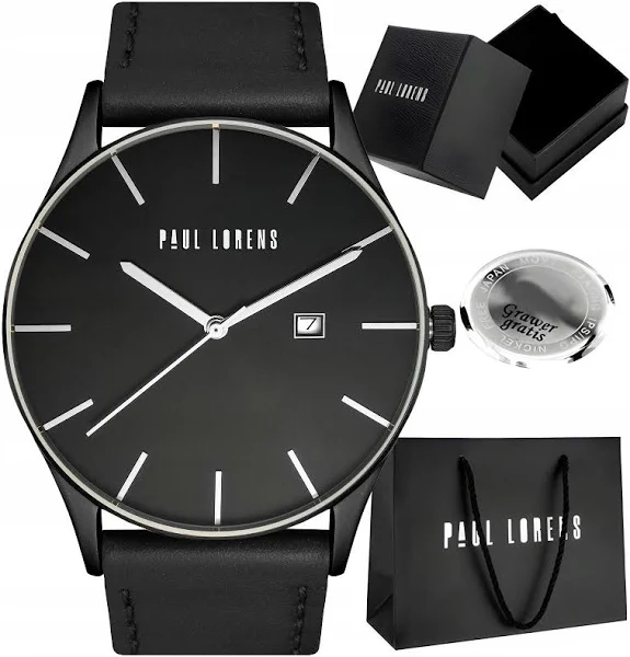 Zegarek męski Paul Lorens Longio Czarny skórzany z datownikiem Grawer