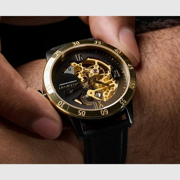 Seizmont Dante II Złocisty zegarek z widocznym mechanizmem z czarnym paskiem skórzanym