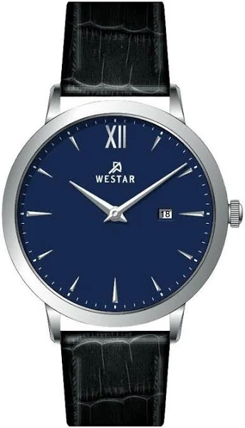 Męski zegarek Westar Profile ze skórzanym paskiem i niebieską tarczą. Kwarcowy 50214STN104