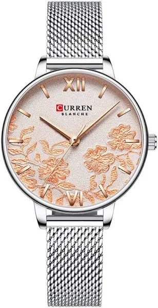 Women CURREN 9065 Elegancki wykwintny biznesowy kwarcowy damski zegarek Sakura Flower Embossed Ultra Cienki