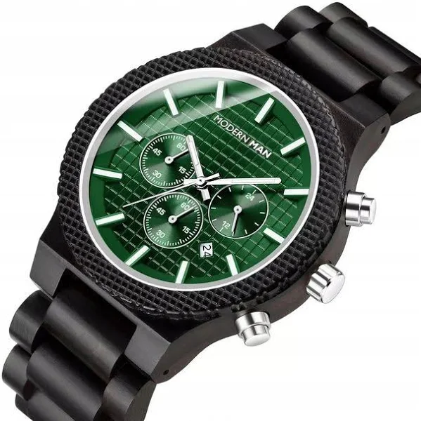 Zegarek męski Czarny Zielona Tarcza Drewniany BIZNESOWY+pudełko