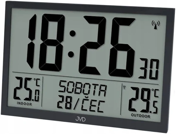 Zegar cyfrowy sterowany radiowo z termometrem JVD RB9412.1 polskie nazwy Dni Tygodnia