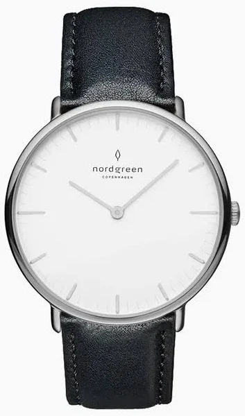 Nordgreen Srebrny Minimalistyczny Zegarek Damski - Granatowa Tarcza - Biały Pasek Skórzany