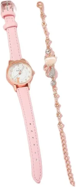 Śliczny i modny zegarek kwarcowy z cyframi arabskimi i małym kotem