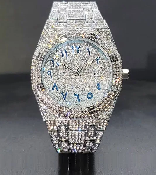 Męski luksusowy zegarek kwarcowy z cyframi arabskimi i kryształkami