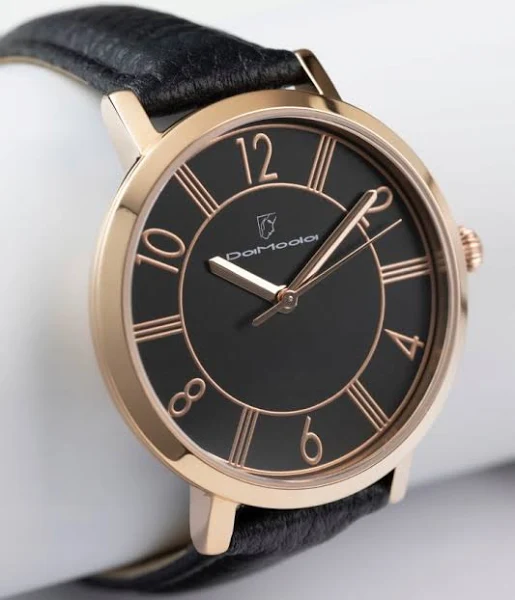 DaModa Vanita zegarek damski czarny koperta z różowego złota pasek skórzany czarny