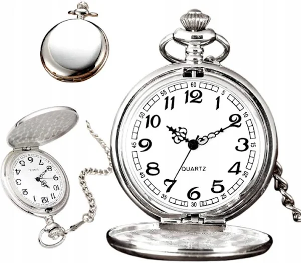 Srebrny zegarek męski kieszonkowy gładki steampunk retro dewizka ażur