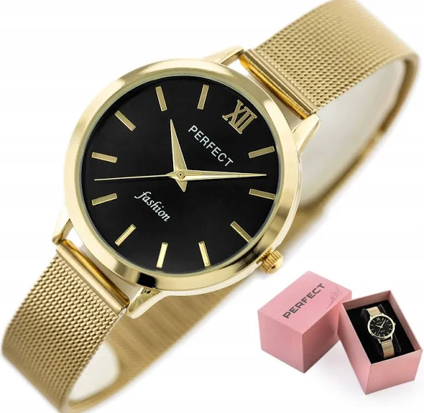 Zegarek Damski Perfect Silvia złoty bransoletka mesh Box Grawer