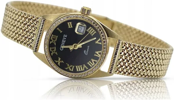 Złoty 14k 585 zegarek damski z bransoletą lw078ydbc&lbw003y czarna tarc