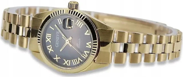 Złoty zegarek damski 14k 585 z bransoletą Geneve czarna tarcza lw020ydbc