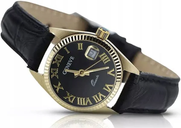 Złoty zegarek damski 14k 585 Geneve czarna tarcza lw020ydbc