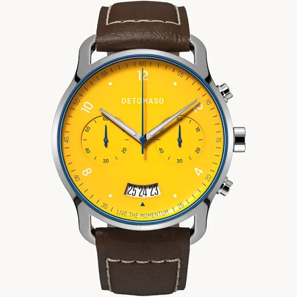 Zegarek męski Żółty Chronograf koperta ze stali chirurgicznej szkło mineralne hartowane szafirem