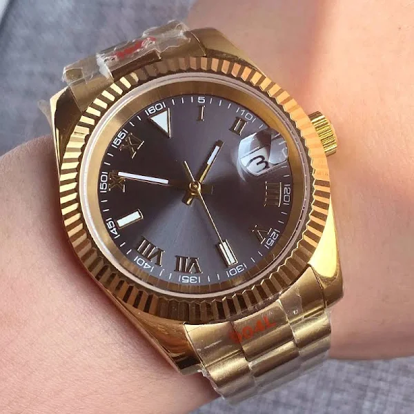 36mm 39mm z datą dzienną żółty złoty zakrzywiony automatyczny zegarek męski NH35 z cyframi rzymskimi