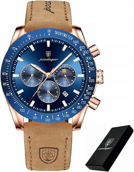 Złoty Zegarek Męski Poedagar Chronograf Pudełko Wskaźnik Dzień Noc Data