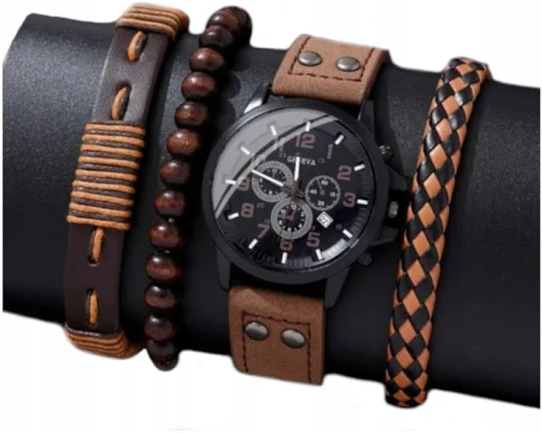 Zegarek męski Geneva brązowy pasek + Bransoletki