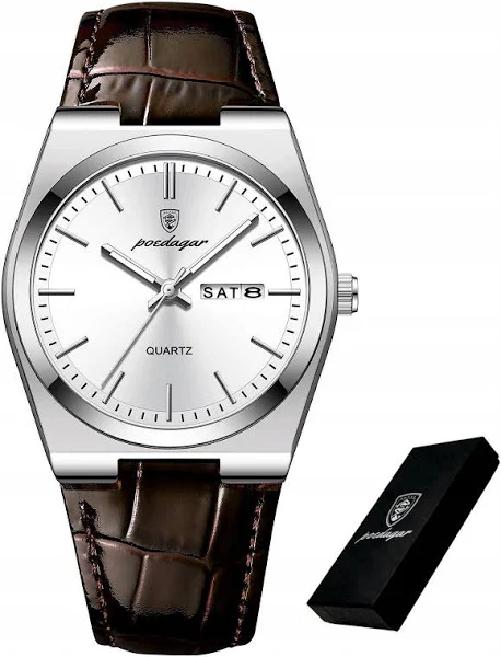 Srebrny Zegarek Męski Na Skórzanym Brązowym Pasku Poedagar Data Pudełko