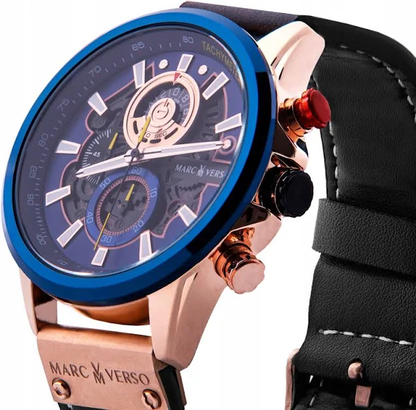 Zegarek Męski Marc Verso Niebieski Skórzany Stoper