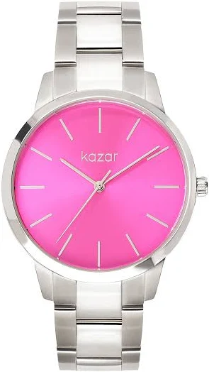 Srebrny zegarek z różową tarczą