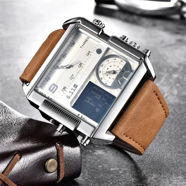 Nowy projekt LED Digit Podwójny wyświetlacz zegarki męskie Duży rozmiar Kwadratowa tarcza Skórzane sportowe męskie zegarki na rękę Zegarek luksusow
