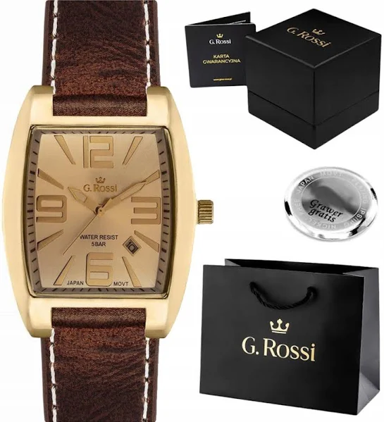 Klasyczny zegarek męski G. Rossi na skórzanym pasku z datownikiem Grawer