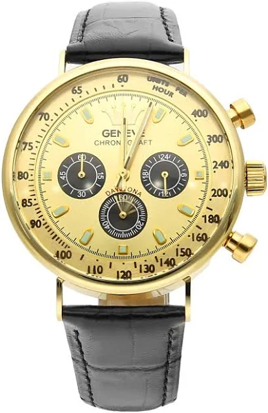 Złoty zegarek męski Geneve Chronograf 14K 585 czarny pasek skórzany złota tarcza