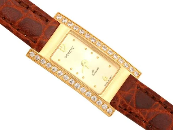 Złoty zegarek damski 585 Geneve skórzany pasek
