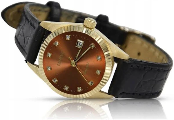 Złoty zegarek damski 14k 585 Geneve lw020ydbrz z brązową tarczą 14k żółte z