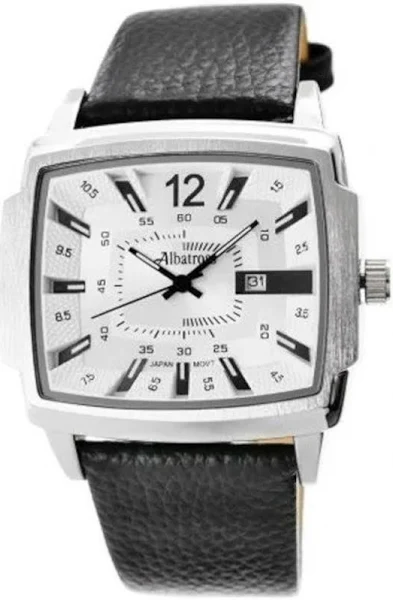 SAXO Prostokątny męski srebrny zegarek z czarnym paskiem Albatross ABCA15-1