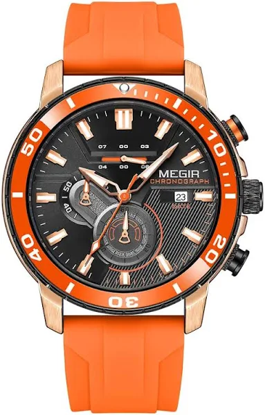 MEGIR pomarańczowy zegarek sportowy dla mężczyzn wodoodporny silikonowy pasek chronograf kwarcowy