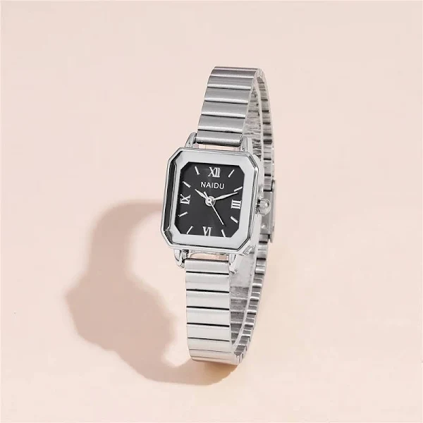Modny prosty prostokątny zegarek damski srebrny pasek stalowy kwarcowy