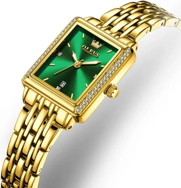OLEVS zegarki damskie złoty prostokątny zegarek kwarcowy z tarczą diamentowy kalendarz wodoodporny