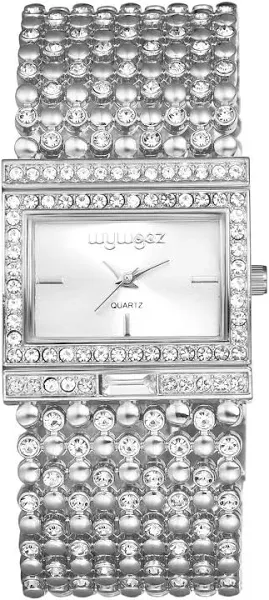 JewelryWe Prostokątny zegarek bransoletkowy dla kobiet Iced Out Rhinestone analogowy kwarcowy