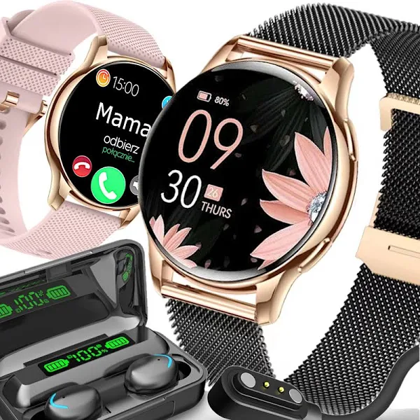 Zegarek Damski Smartwatch z Funkcją Rozmowy Menu Pl 2 Paski Słuchawki