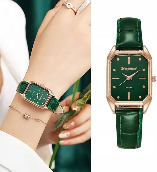 Zegarek Damski Modny Zielony Pasku Skórzanym