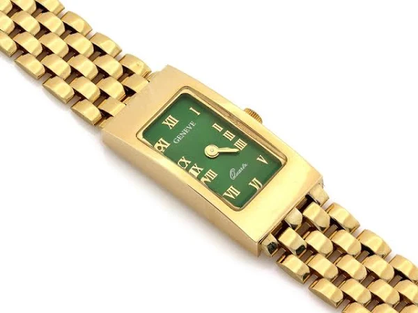 Złoty zegarek prostokątny z zielonym cyferblatem damski ekskluzywny pr585