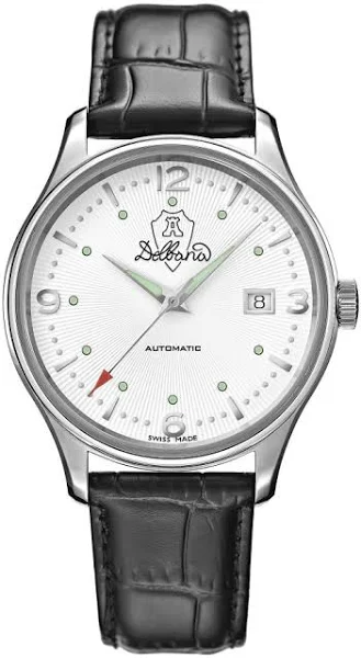 Męski srebrny zegarek Delbana Watches ze skórzanym paskiem Della Balda White / Black 40MM Automatic