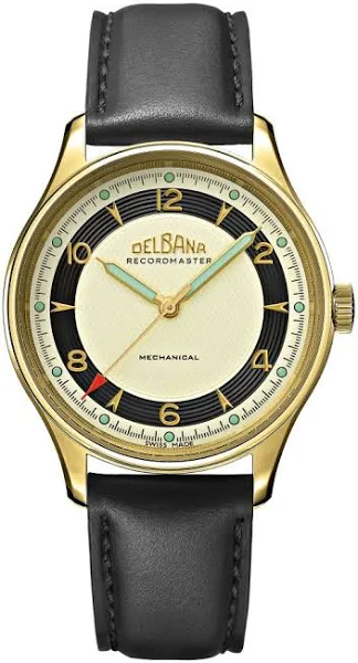 Złoty zegarek męski Delbana Watches ze skórzanym paskiem Recordmaster Mechanical Black / Gold 40MM