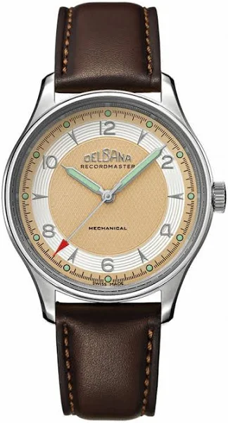 Męski srebrny zegarek Delbana Watches ze skórzanym paskiem Recordmaster Mechanical White / Gold 40MM