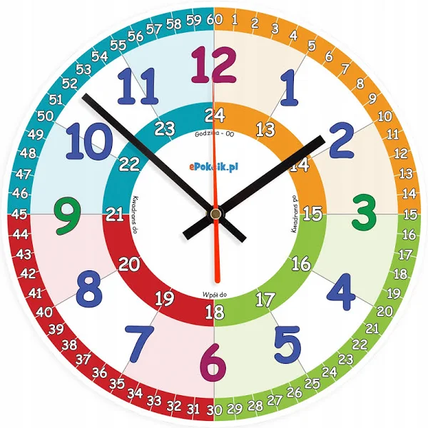 Np Edukacyjny zegar dla dzieci płynący mechanizm powiększone wskazówki