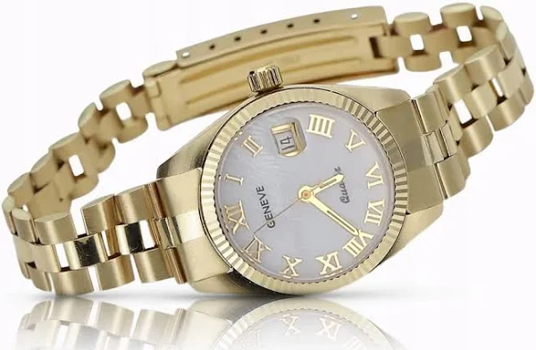 Złoty zegarek damski 14k 585 Geneve perłowy lw020ydpr&lbw009y