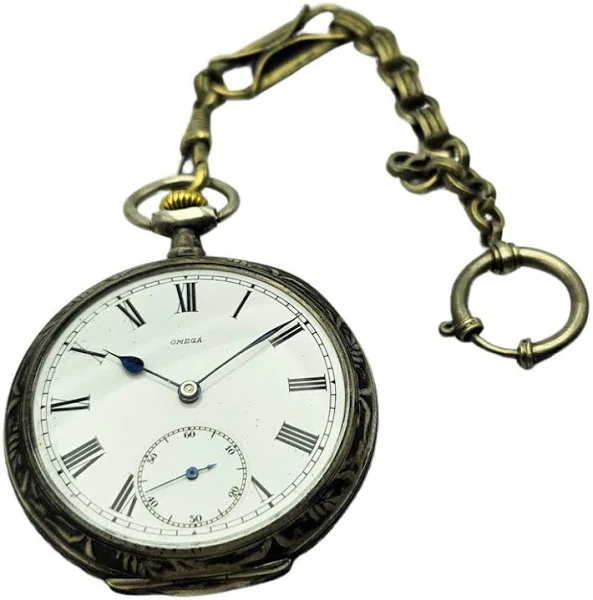 Używany srebrny zegarek kieszonkowy OMEGA pięknie zdobiony