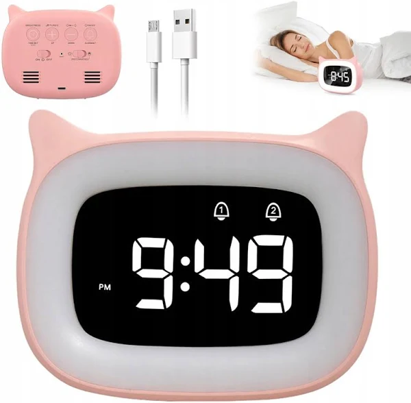 Zegar Budzik Lampka Lampa Nocna Led Dla Dzieci Funkcją Drzemki Różowy