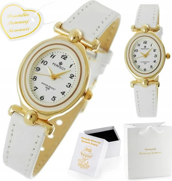 Złoty Biały Zegarek Dziecięcy Dla Dziewczynki Na Komunię Pudełko