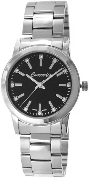 SAXO Srebrny klasyczny damski zegarek z bransoletą czarna tarcza Concordia CONCORDIA CDBA39-2