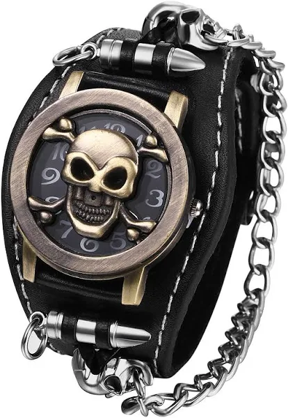 JewelryWe zegarek męski z trupią czaszką z prawdziwej skóry Halloween analogowy zegarek kwarcowy męski gotycki punk