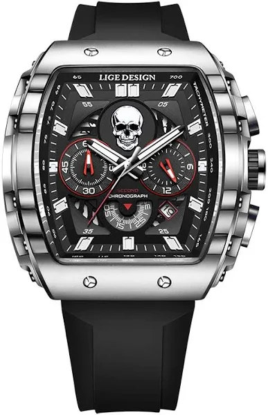 LIGE męskie zegarki kreatywny zegarek kwarcowy z czaszką sportowy wodoodporny zegarek na pasku silikonowym dla mężczyzn świecący chronograf męski