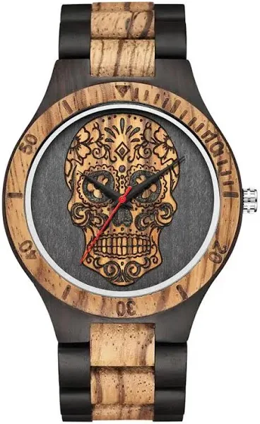 Wysokiej jakości drewniany zegarek z czaszką dla mężczyzn szkielet grawerowany Mexico Punk Rock Dial