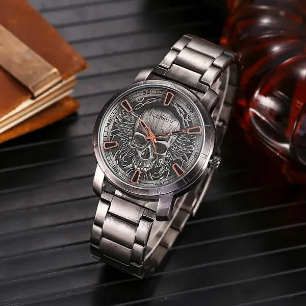 Retro zegarek z czaszką dla mężczyzn luksusowy skórzany pasek ze stali moda kwarcowy zegarki na rękę