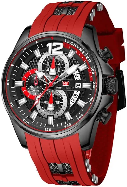 MINI FOCUS Czerwony zegarek dla mężczyzn Moda Luksusowy chronograf Kwarcowy zegarek na rękę z silikonowym paskiem Świecące wskazówki Data Wodoodpor